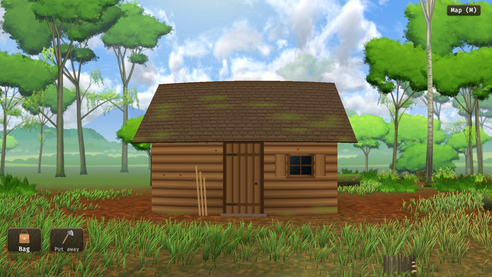 A log hut in a clearing of tall grass, an axe in hand