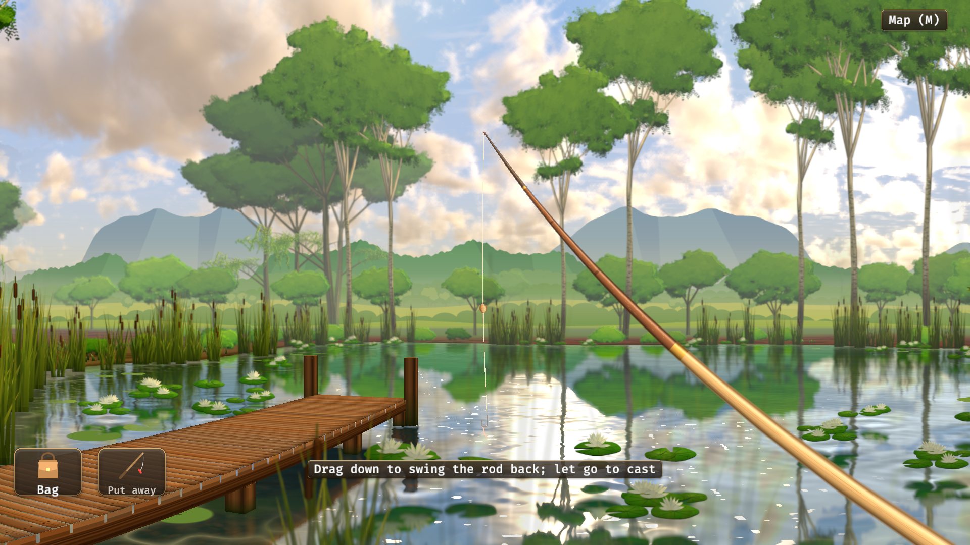 Fishing from the jetty at the lake shore in the evening light, lilies and reeds on still water