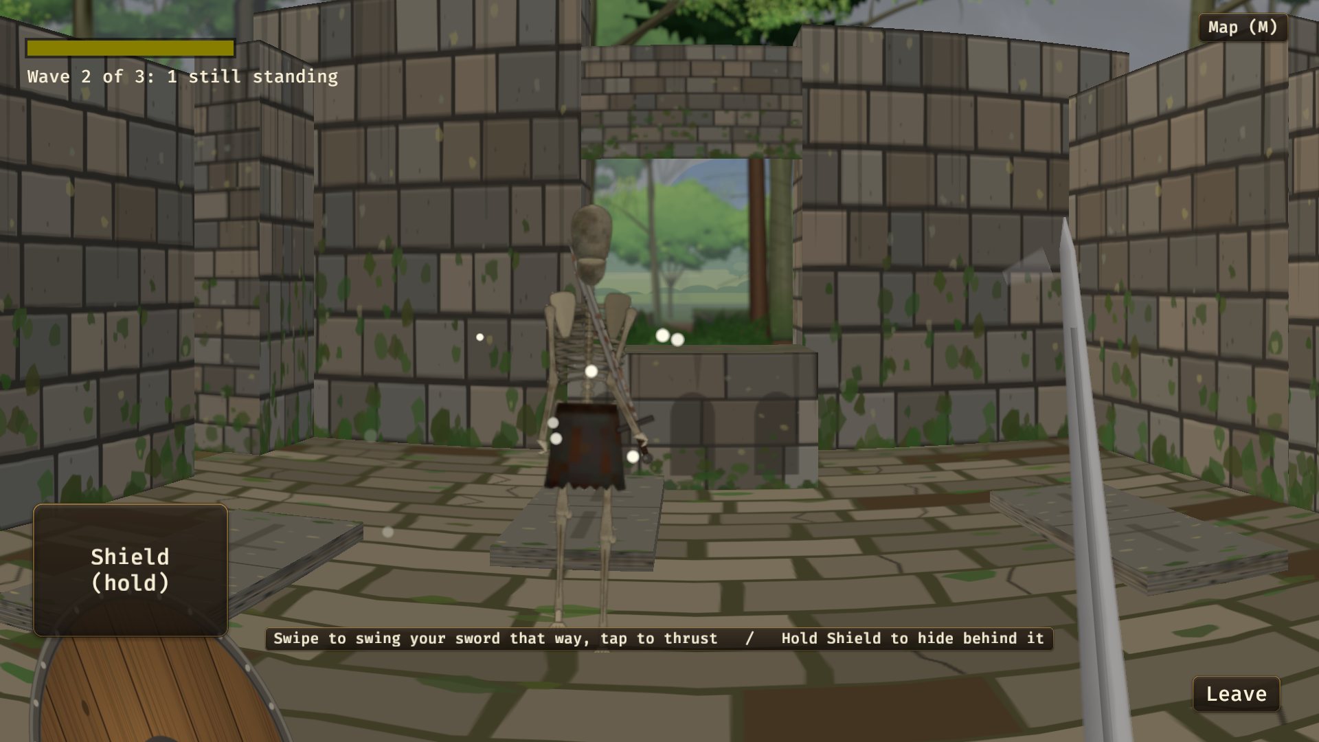 Sword and shield against a skeleton among the broken walls of a chapel
